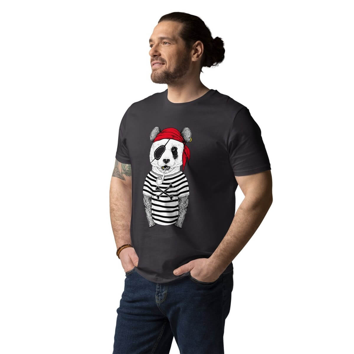Custom printed Panda Pirate T-Shirt for men, featuring unique hand-drawn art on organic cotton fabric.